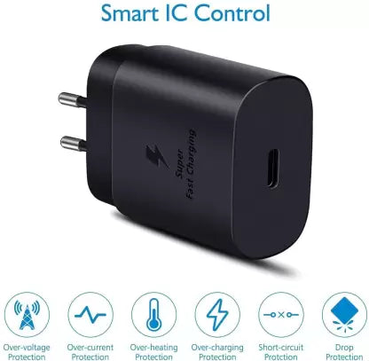 25W Super Fast Charging Mobile Charger with C to C Cable For Samsung Phone Black