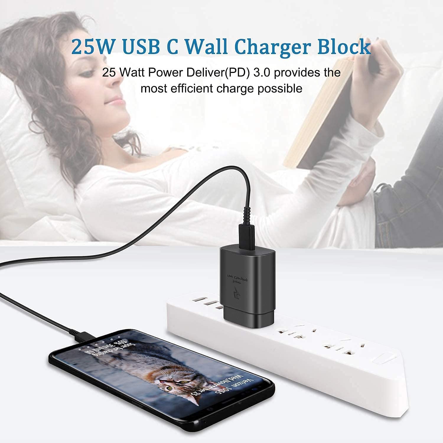 25W Super Fast Charging Mobile Charger with C to C Cable For Samsung Phone Black